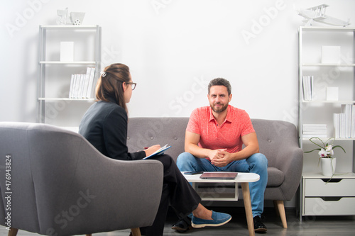 Psychology, mental therapy, psychologist with man at psychotherapy session on psychological consultation. Middle aged man problem therapy.