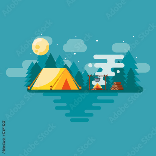 Flat design camping area landscape with tents at night
