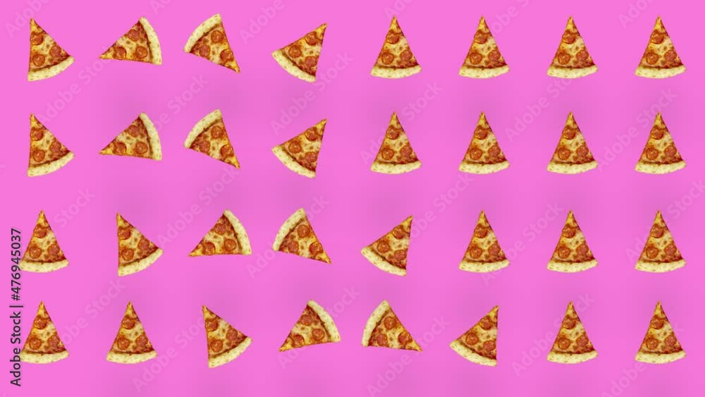 Colorful pattern of pizza isolated on pink background. Seamless pattern with pizza slices. Top view. Realistic animation. 4K video motion Colorful pattern of pizza isolated on pink background. Seamless pattern with pizza slices. Top view. Realistic animation. 4K video motion
