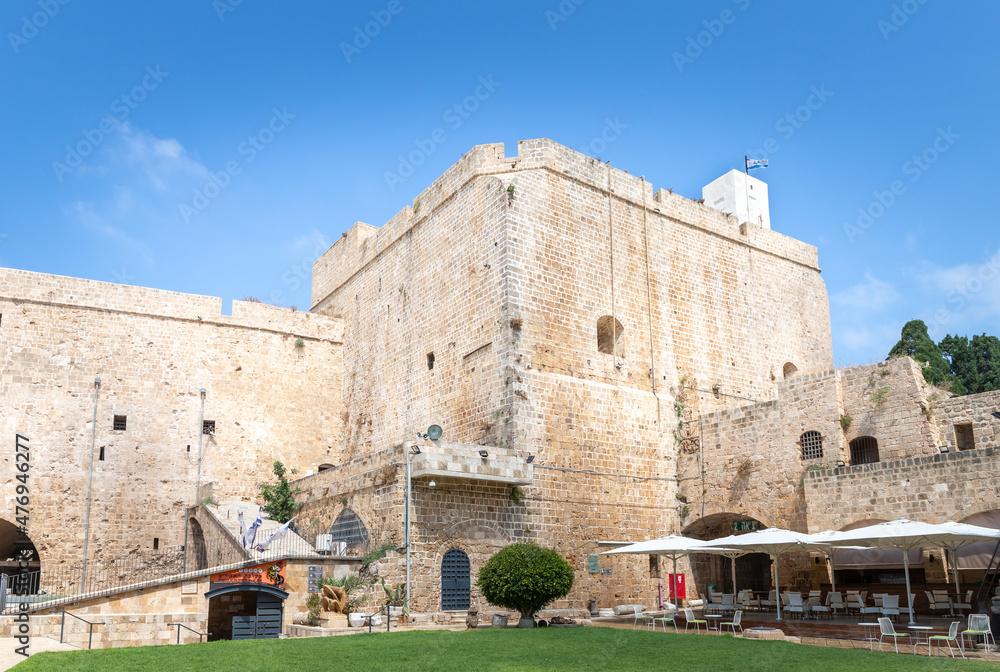 Fortress walls and fortress courtyard near the museum in the fortress of the old city of Acre in northern Israel