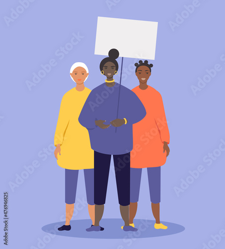 vector illustration - women of different races at the protest hold posters. Demonstration, fight for women's rights, political activism . trend illustration in flat style