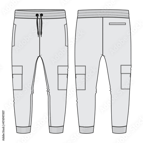 Fleece cotton jersey basic Sweat pant technical fashion flat sketch template front and back views. Apparel jogger pants vector illustration mock up for kids and boys. Fashion design drawing CAD.