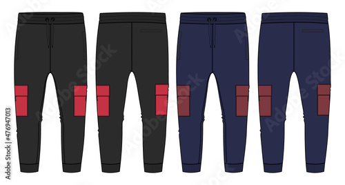 Black and navy color Sweat pant With Knee pocket technical fashion flat sketch template. Apparel Fleece Cotton jogger pants vector illustration drawing mock up for Men's, kids and boys.
