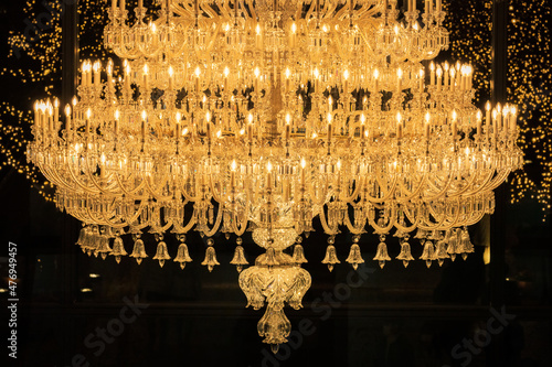 A closeup shot of the Baccarat chandelier. 