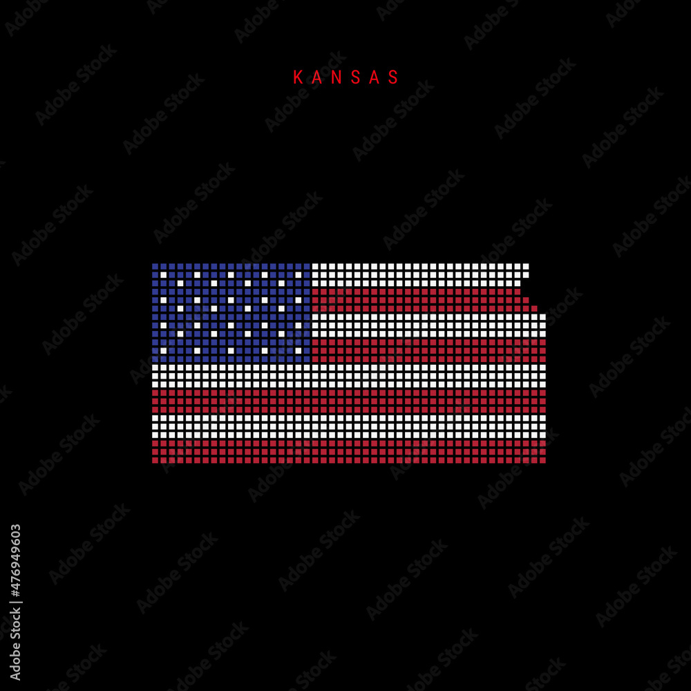 Square dots pattern map of Kansas. Dotted pixel map with US flag colors