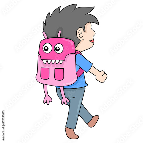 boy carrying a monster bag to school, doodle icon image kawaii