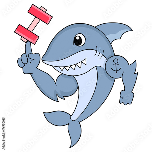 big muscular shark lifting gym barbell, doodle icon image kawaii