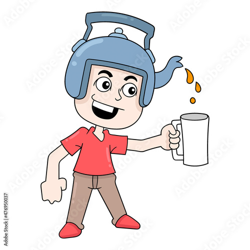 boy is serving hot tea, doodle icon image kawaii