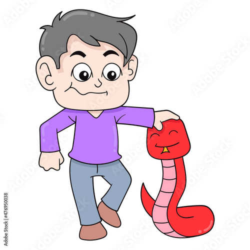 boy kid is playing with red python, doodle icon image kawaii