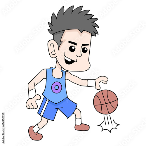 boy is exercising dribbling basketball, doodle icon image kawaii