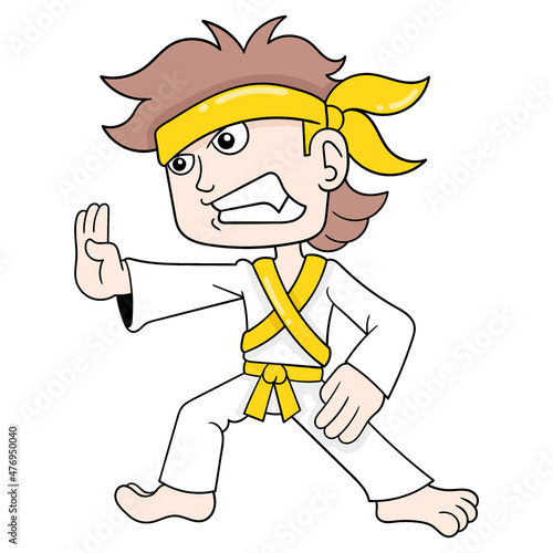 boy practicing martial arts hitting movement, doodle icon image kawaii