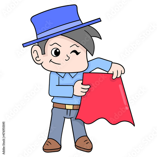 boy being a bullfighter holding a red cloth, doodle icon image kawaii