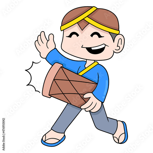 boy playing traditional drum music, doodle icon image kawaii