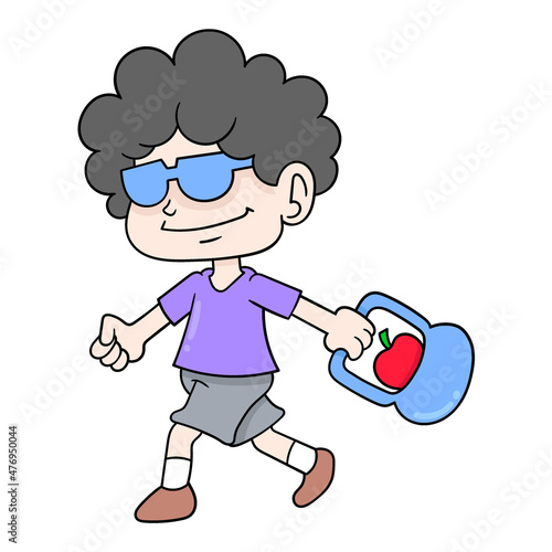boy walking home carrying fresh apple groceries, doodle icon image kawaii