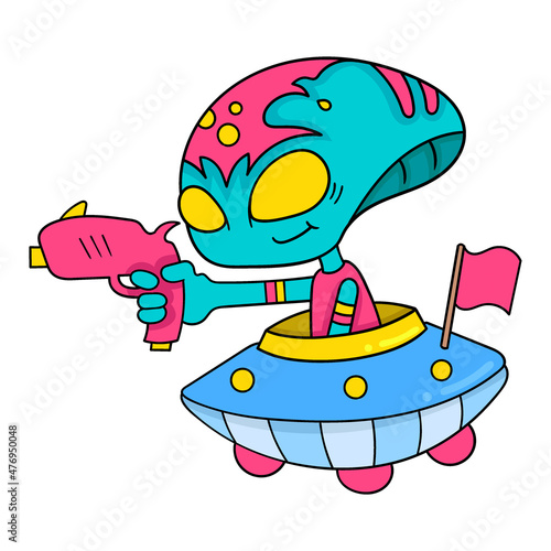 aliens carrying weapons riding ufo planes, doodle icon image kawaii