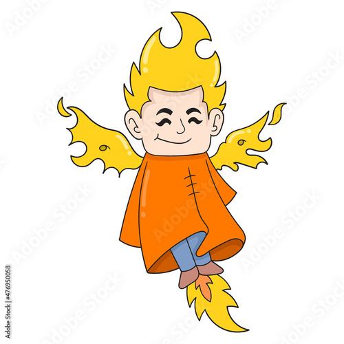 fireman with wings and flame hair, doodle icon image kawaii