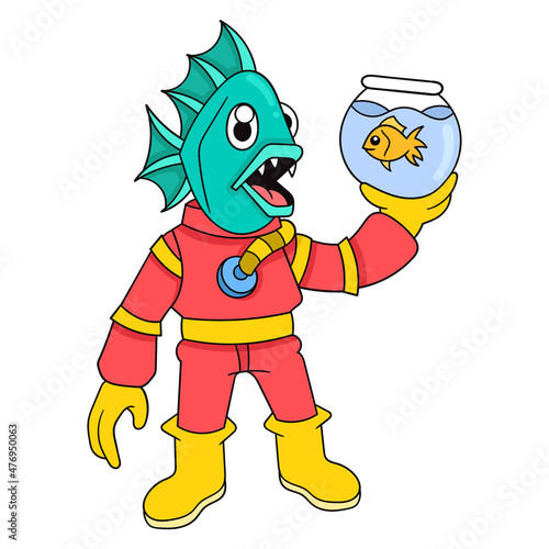 Fish-headed monster man raising fish in aquarium, doodle icon image kawaii