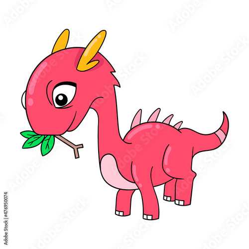 red dinosaur eating plant leaves, doodle icon image kawaii
