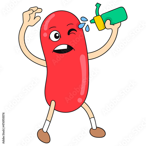 red sausage is sprinkling sauce on his body, doodle icon image kawaii