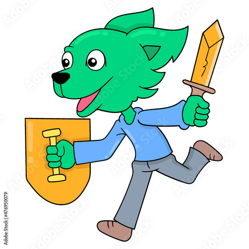 swordsman dog carrying sword and shield ready to attack war, doodle icon image kawaii