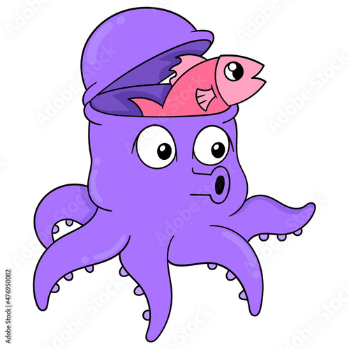 the purple octopus is removing the fish from its head, doodle icon image kawaii