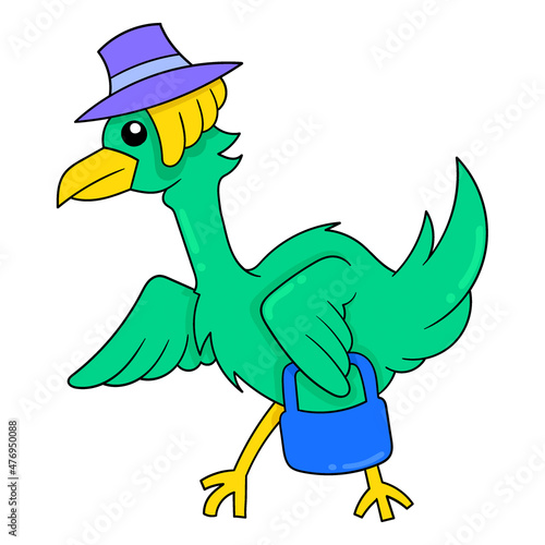the stork carries a bag and wears a hat, doodle icon image kawaii