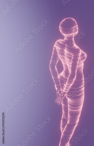 female body parts hologram perspective with different postures in soft background. Used in medical and technology. 3D rendered.