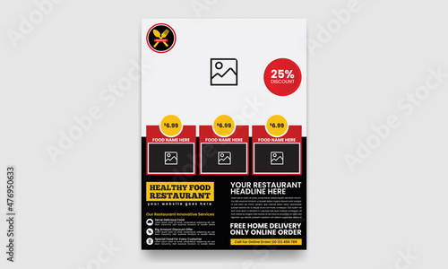 Modern, creative, professional, eye catching and print ready Restaurant Food Flyer Template Design 17 with Circle and rectangle layout vector