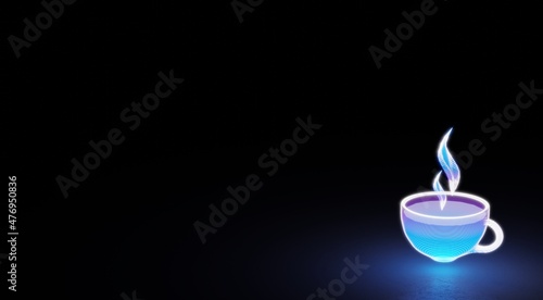 colorful neon glowing application 3d icon in dark background. coffee cup and relaxation. symbol serials. 3d randered.