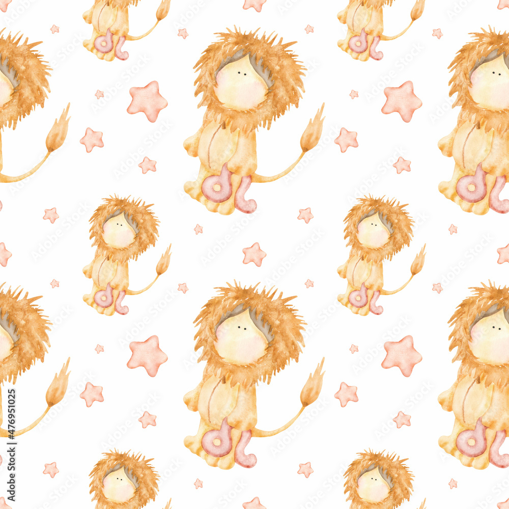 Obraz premium Watercolor funny childish pattern with lion zodiac sign. Great for printing, web, textile design, souvenirs.