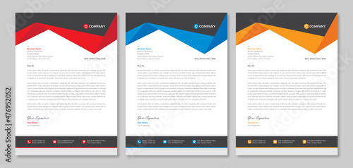 Corporate business letterhead template design in modern style with abstract geometric background, vector logo and social media icon. Office stationary or identity flyer & branding cover layout.      