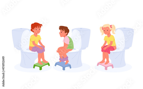 Baby girl and boy sitting on toilet sink set vector illustration. Cartoon little kids using home lavatory pan, children in bathroom or WC isolated on white. Child hygiene, morning routine concept