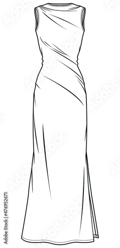 sleeveless crew neck draped maxi dress with side slit women party wear, evening gown fashion flat sketch vector illustration