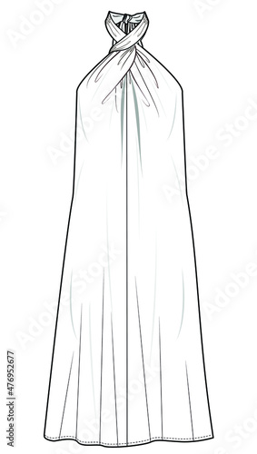 crossover halter neck dress fashion flat sketch vector illustration