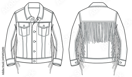jacket with fringe, tassels, spike, studs embellishment and trim details long sleeve leather jacket fashion flat sketch vector illustration front and back view template CAD mockup