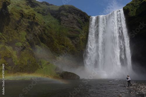 Beautiful aerial view of the huge Skogafoss waterfall and its rainbow in summer. Icelands Waterfal