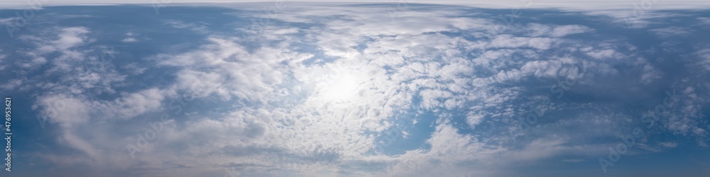 Blue sky panorama with Cirrus clouds in Seamless spherical equirectangular format. Full zenith for use in 3D graphics, game and editing aerial drone 360 degree panoramas for sky replacement. Blue sky panorama with Cirrus clouds in Seamless spherical equirectangular format. Full zenith for use in 3D graphics, game and editing aerial drone 360 degree panoramas for sky replacement.