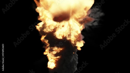 A black plume of smoke soars up against a black background, while smoke of a fiery color swirls inside it. The beauty of a disaster.