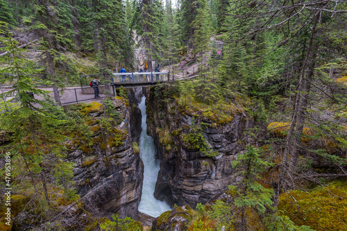 The Maligne River as it flows through the deep gorges of the Maligne Canyon in Jasper National Park in Alberta Canada