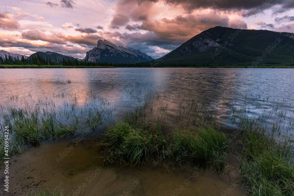 Mount Rundle Glorious Sunrise from the shore of the Vermillion Lakes in Banff National Park, Alberta, Canada