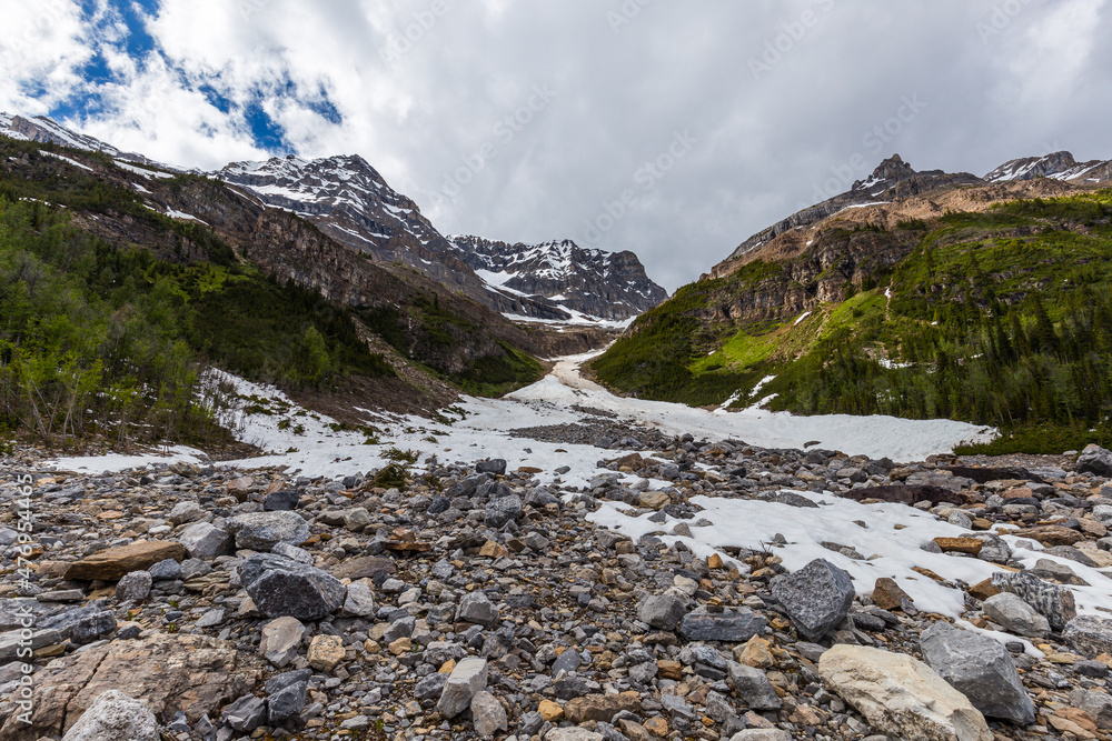Hiking above the tree line to the Plain of Six Glaciers at Lake Louise in the Canadian Rocky Mountains Hiking above the tree line to the Plain of Six Glaciers at Lake Louise in the Canadian Rocky Mountains