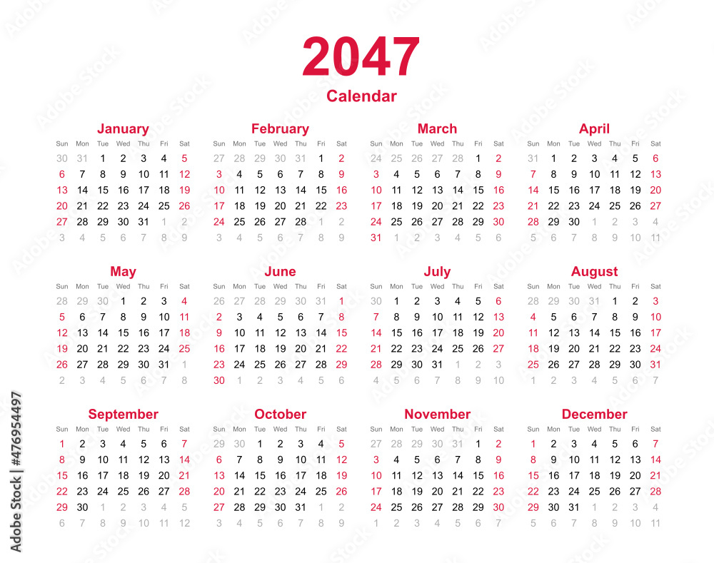 Calendar 2047 - 12 months yearly calendar - calendar planner template