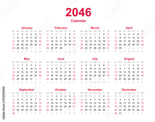 Calendar 2046 - 12 months yearly calendar - calendar planner template