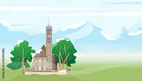 Mosque or church architecture with sky, mountain and beautiful landscape with nature vector illustration.