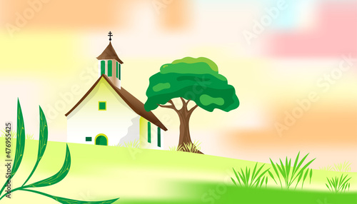 Church with tree beautiful nature landscape vector illustration background.