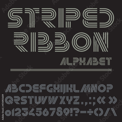 Vector font from striped ribbons. Monochrome alphabet. Letters, numbers and punctuation marks on a black background.