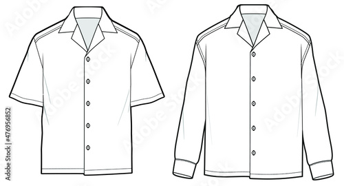 mens resort shirt long sleeve, short sleeve woven shirt technical drawing vector illustration. front view CAD mockup