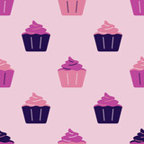 Bright cupcake pattern on a pink background. Beautiful seamless cream maffins pattern. Print design for fabric, wallpaper, packaging and birthday party. Flat style. Vector graphics.