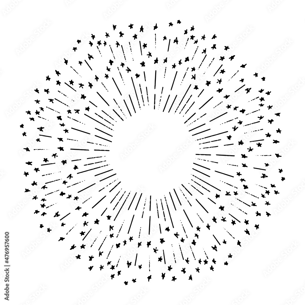 Obraz premium Light rays sunburst, hand drawn retro Sunbeam, grunge explosion element. Vintage linear radial design frame. 