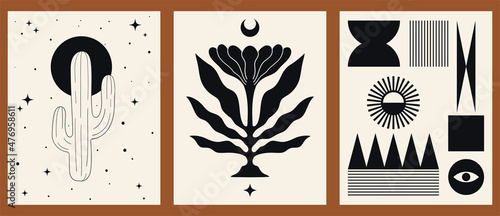 Set of three backgrounds for typography, decor design, covers. Vintage stylish illustration in boho style with sun, lines, plant, flower, eyes, cactus. Black and gold geometric shapes on beige.